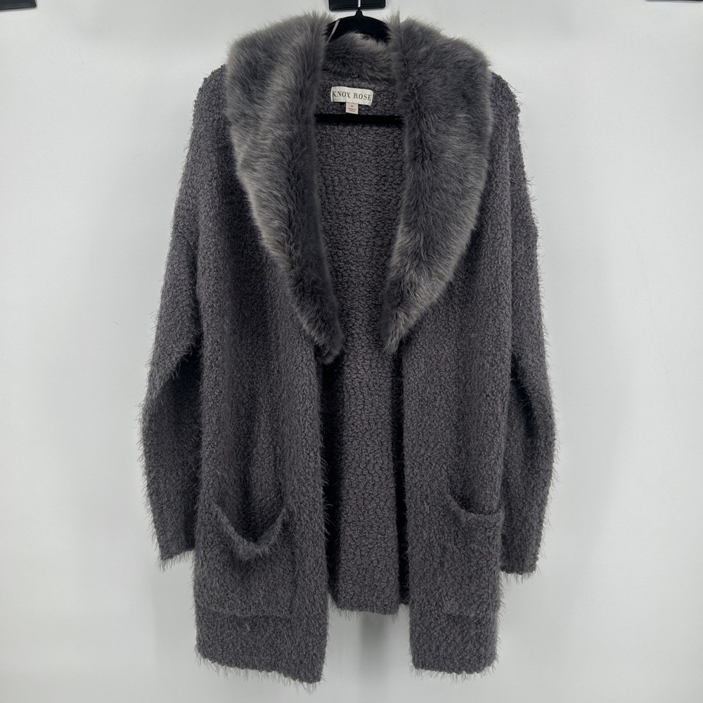 Knox Rose Cozy Faux Fur Trim Open Front Cardigan Size Medium Indie-Boho Shaggy